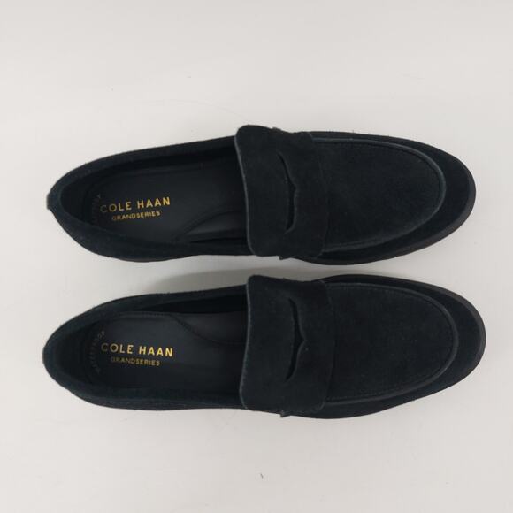 Cole Haan Newburg Size 7.5 Platform Penny Loafer Black Suede Preppy Career - Picture 7 of 9